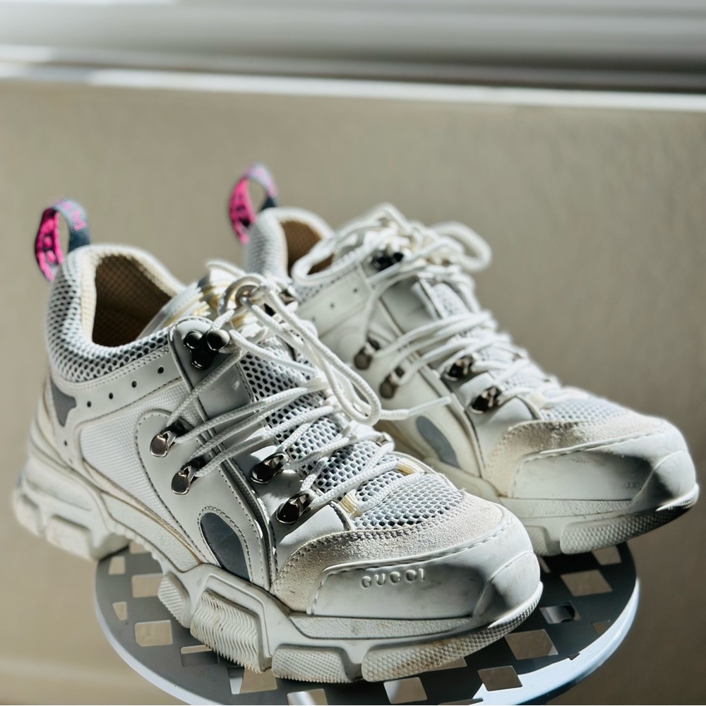 Gucci White Leather Reflective Chunky Sneakers Lug Sole 8.5